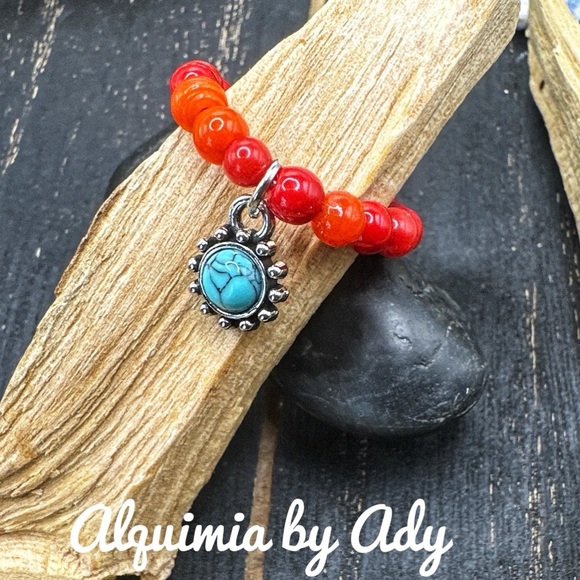 Alquimia Red and Gold Ring with Beaded Elegance coral turquoise - Picture 1 of 2